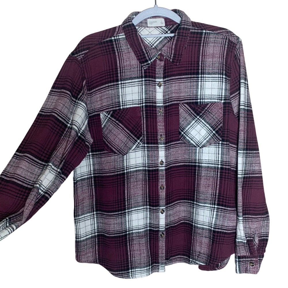 Maurices Flannel Button Down Women Large Burgundy Plaid Excellent Relaxed Fit - Picture 2 of 9